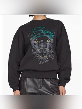Anine Bing Kenny Sweatshirt Panther Vintage Black Embroidered Teal Small